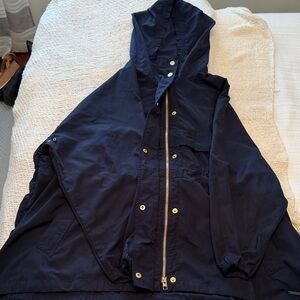 Athleta Navy Blue Hooded Rain/Wind Jacket with Gold Accents
